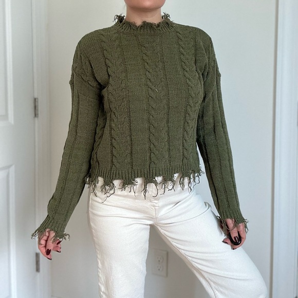 Distressed Cable Knit Chenille Pullover - Picture 3 of 9